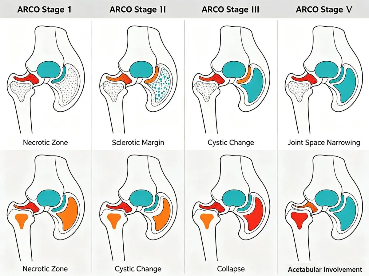 股骨头坏死 ARCO 分期对比(示意图)